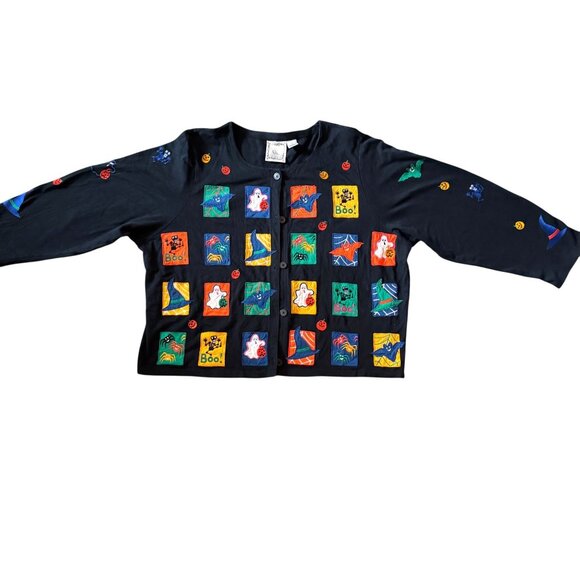 Michael Simon Vtg Halloween Cardigan Sweater 2X Black Ghost Bat Spider Pumpkin - Picture 8 of 13